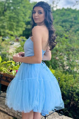 Elegant Blue Strapless V Neck Beading Tulle Simple Cheap Short Homecoming Dresses, HD209