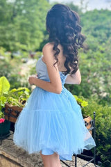 Elegant Blue Strapless V Neck Beading Tulle Simple Cheap Short Homecoming Dresses, HD209