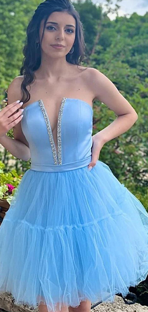 Elegant Blue Strapless V Neck Beading Tulle Simple Cheap Short Homecoming Dresses, HD209