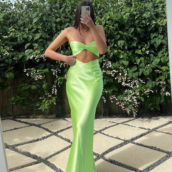 Elegant Bright Green Halter Mermaid Sleeveless Evening Prom Dresses,MB131