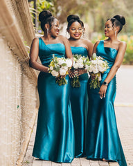 Elegant Blue One Shoulder Mermaid  Long Cheap Bridesmaid Dresses ,BD80