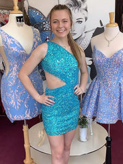 Elegant Blue One Shoulder Sequin Simple Cheap Short Homecoming Dresses, HD158