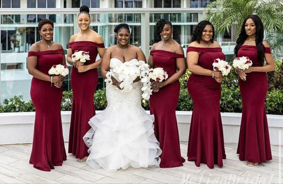 Burgundy Off Shoulder Mermaid Long Bridesmaid Dresses,BD226