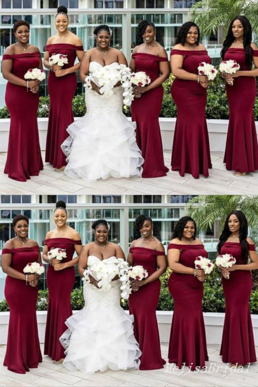 Burgundy Off Shoulder Mermaid Long Bridesmaid Dresses,BD226