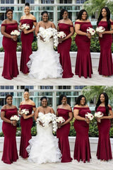 Burgundy Off Shoulder Mermaid Long Bridesmaid Dresses,BD226