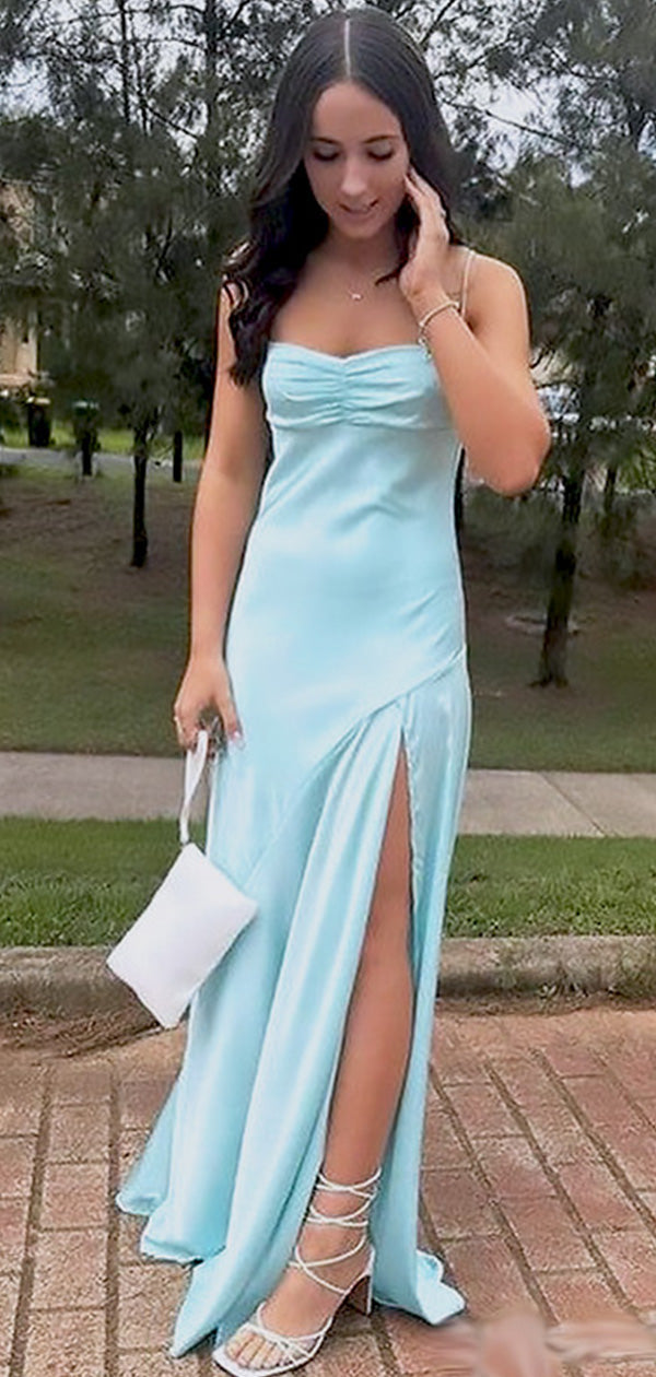Elegant Blue Spaghetti Strap Mermaid Side Slit Sleeveless Evening Prom Dresses,MB132