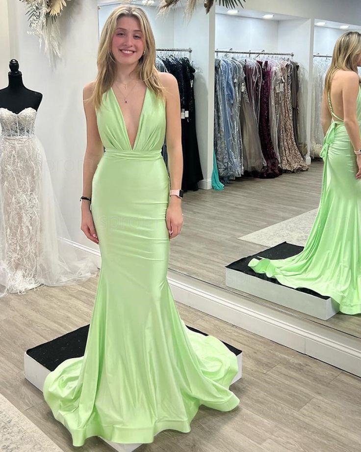 Elegant Light Green V Neck Long Simple Cheap Evening Gown Prom Dresses,MB167