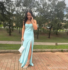 Elegant Blue Spaghetti Strap Mermaid Side Slit Sleeveless Evening Prom Dresses,MB132