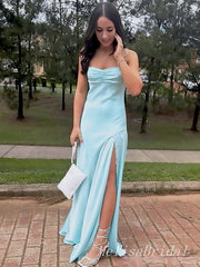 Elegant Blue Spaghetti Strap Mermaid Side Slit Sleeveless Evening Prom Dresses,MB132
