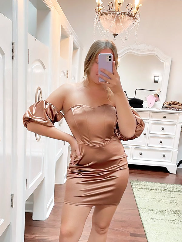 Elegant Light Brown Off Shoulder Simple Cheap Short Homecoming Dresses, HD159