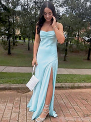Elegant Blue Spaghetti Strap Mermaid Side Slit Sleeveless Evening Prom Dresses,MB132