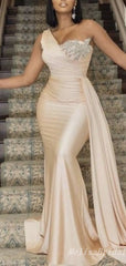 Elegant One Shoulder Mermaid Light Pink Beaded Evening Gown Long Formal Dresses Prom Dresses ,MB388