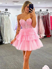 Elegant Pink Ruffles Tulle Lace Appliqueas Illusion A-Line Simple Short Homecoming Dresses, HD66