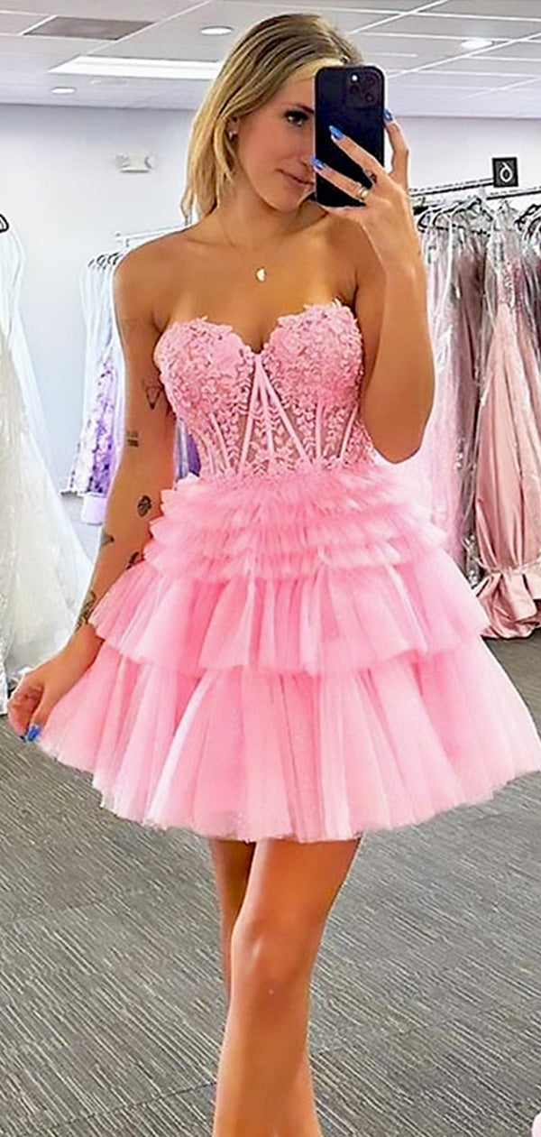 Elegant Pink Ruffles Tulle Lace Appliqueas Illusion A-Line Simple Short Homecoming Dresses, HD66