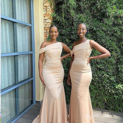 Elegant champagne One Shoulder Side Slit Pleats Simple Cheap Mermaid Long Bridesmaid Dresses ,BD132