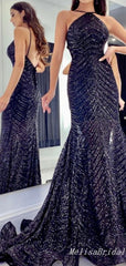 Charming Sparkle Sexy Halter Open Back Sheath Evening Gown Long Prom Dresses,MB329
