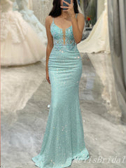 Charming Sexy Mermaid Sparkle Mint Green Lace Appliques Spaghetti Straps Plunging Evening Gown Long Formal Dresses Prom Dresses,MB402