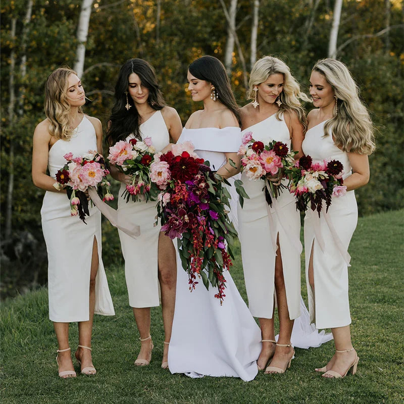 Elegant One Shoulder White Side Slit Cheap Mermaid Bridesmaid Dresses,BD24