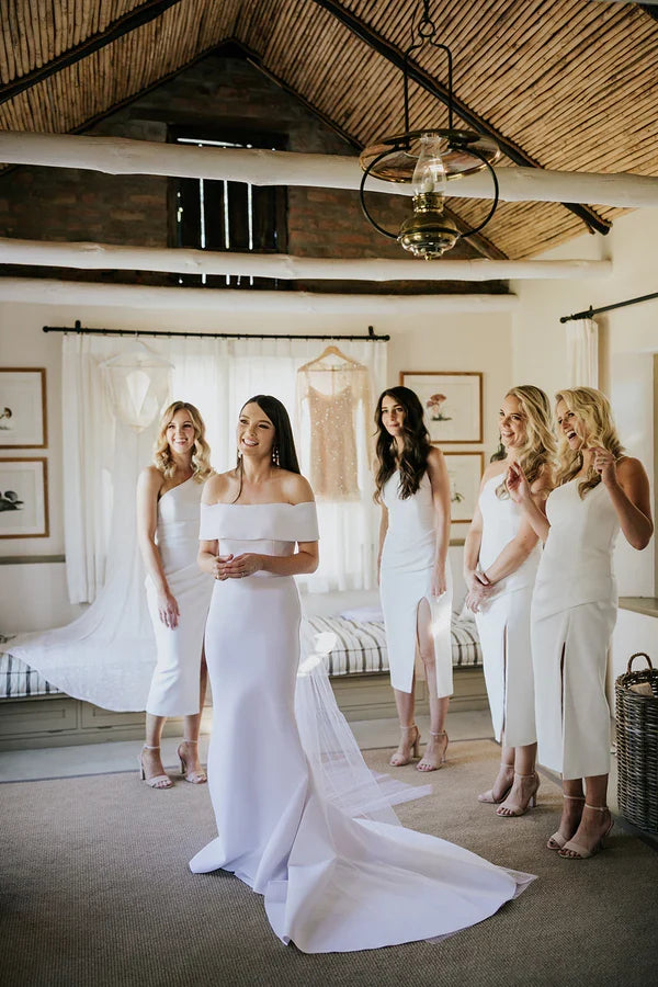 Elegant One Shoulder White Side Slit Cheap Mermaid Bridesmaid Dresses,BD24