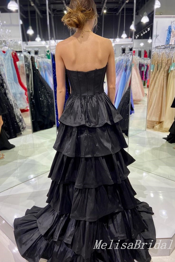 Black High Low Strapless A-line Layer Evening Gown Long Evening Party Prom Dresses,MB830