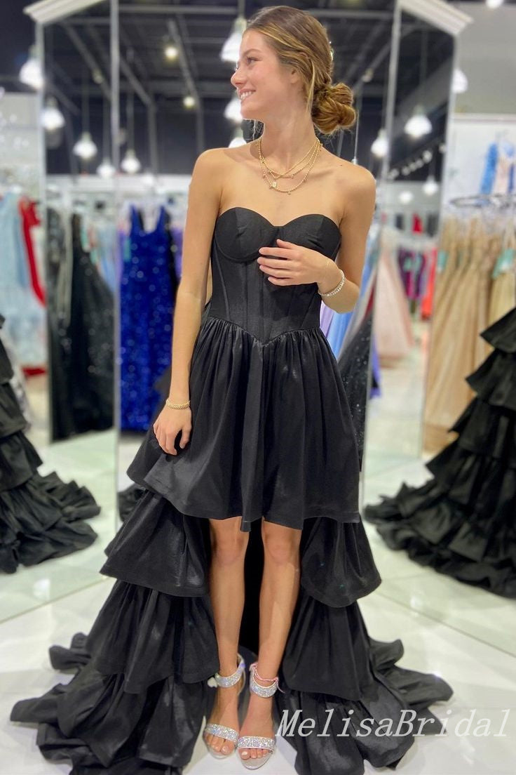 Black High Low Strapless A-line Layer Evening Gown Long Evening Party Prom Dresses,MB830