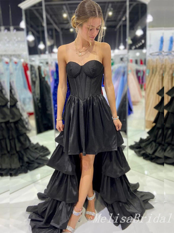 Black High Low Strapless A-line Layer Evening Gown Long Evening Party Prom Dresses,MB830