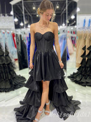 Black High Low Strapless A-line Layer Evening Gown Long Evening Party Prom Dresses,MB830