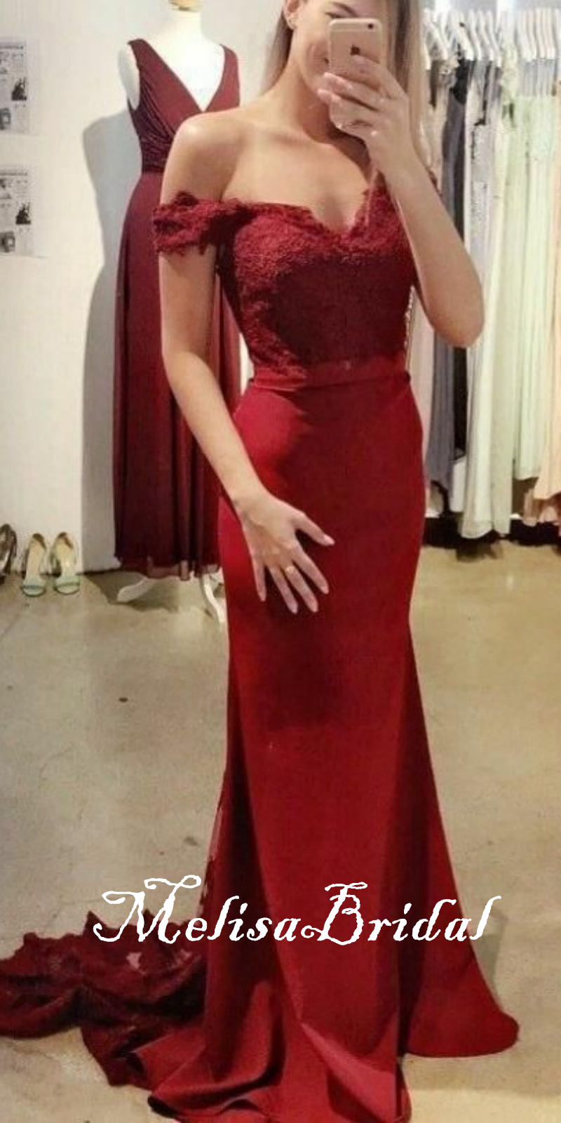 Burgundy Lace Appliques V Neck Mermaid Evening Gown Maxi Long Evening Party Prom Dresses With Trailing ,MB652