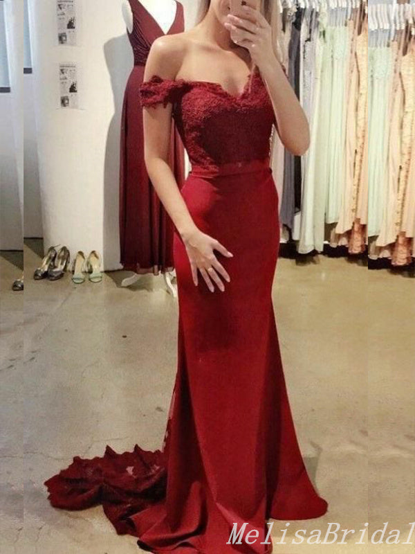 Burgundy Lace Appliques V Neck Mermaid Evening Gown Maxi Long Evening Party Prom Dresses With Trailing ,MB652