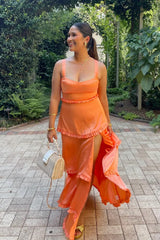 Elegant Orange Ruffle Side Slit A-Line Lace Up Back Long Prom Dresses,MB37