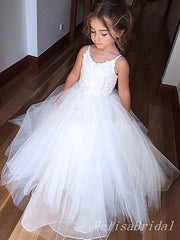 Cute White Tulle Spaghetti Straps A- Line Lace Cheap  Flower Girl Dresses ,FG13