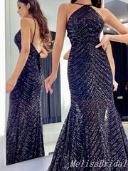 Charming Sparkle Sexy Halter Open Back Sheath Evening Gown Long Prom Dresses,MB329