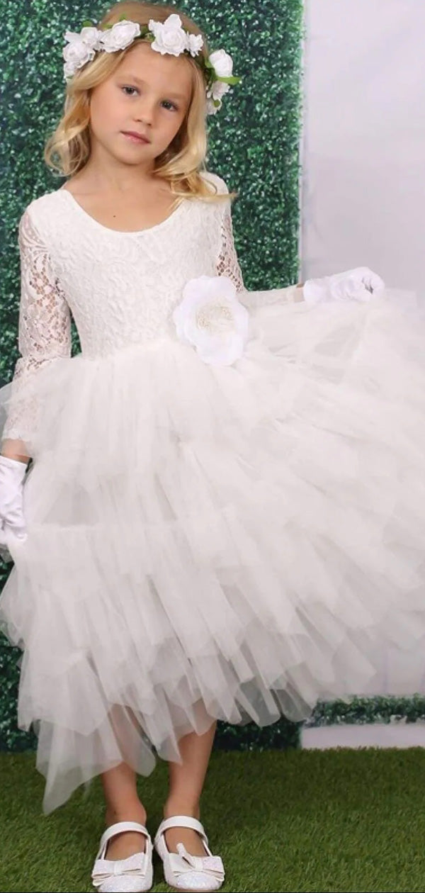 Cute White Lace Appliques Tulle Ruffle Long Sleeve A- Line Cheap Long Flower Girl Dresses ,FG29