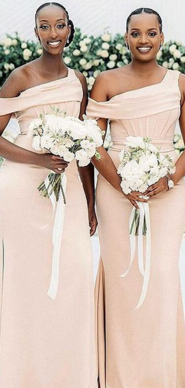 Elegant champagne One Shoulder Side Slit Pleats Simple Cheap Mermaid Long Bridesmaid Dresses ,BD132