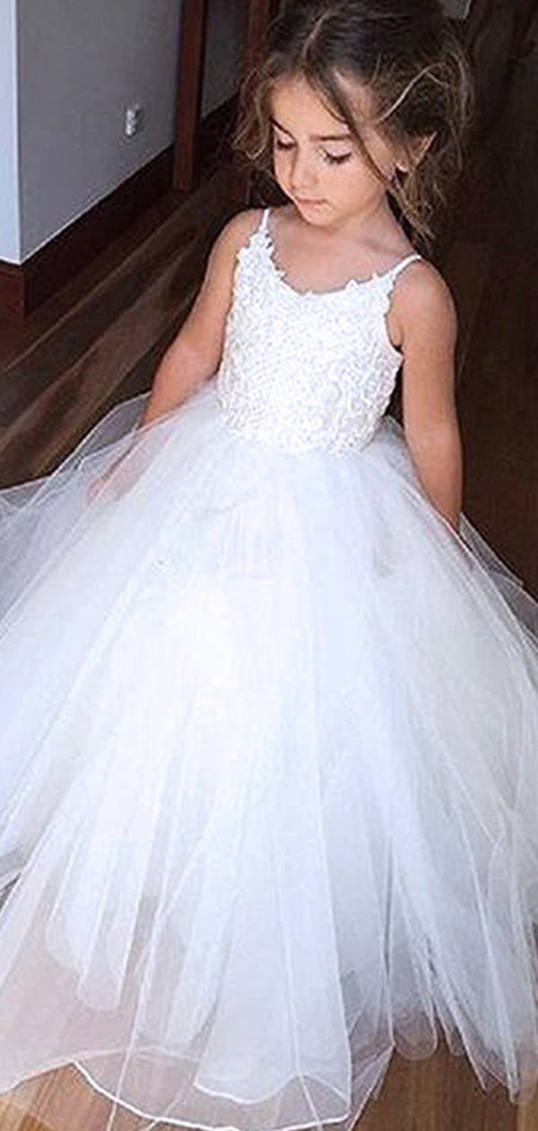 Cute White Tulle Spaghetti Straps A- Line Lace Cheap  Flower Girl Dresses ,FG13