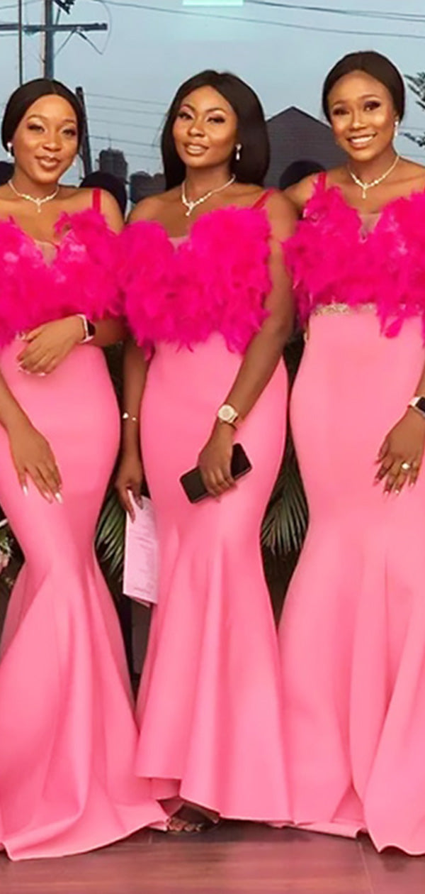 Elegant Pink Feather Mermaid Long Unique Cheap Bridesmaid Dresses ,BD83