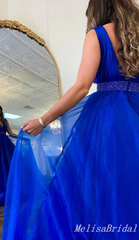 Charming Blue Plunging Beading A-line Evening Gown Long Prom Dresses,MB290