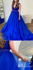 Charming Blue Plunging Beading A-line Evening Gown Long Prom Dresses,MB290