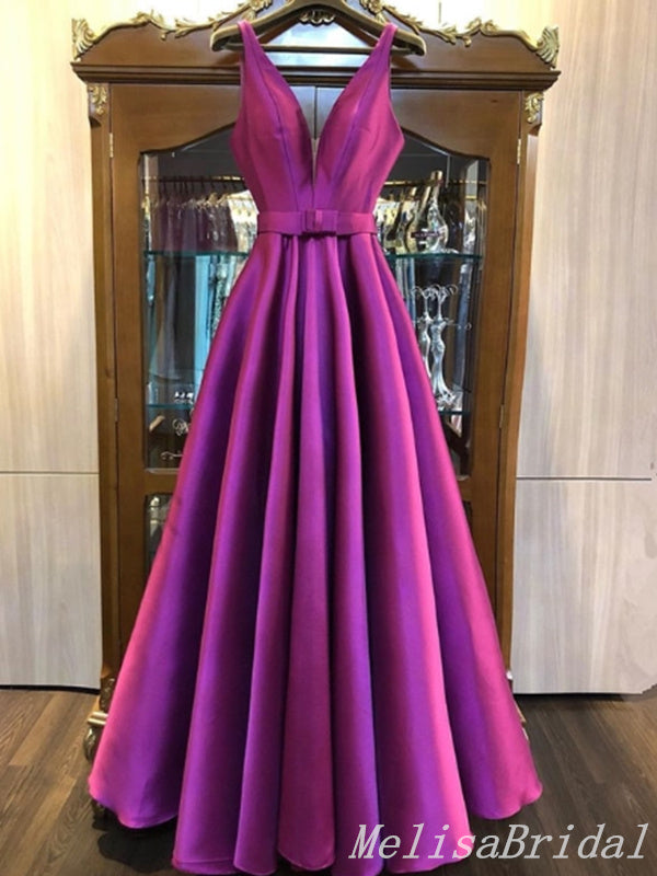 Belt Plunging Pleats A-line Evening Gown Maxi Long Evening Party Prom Dresses  ,MB754