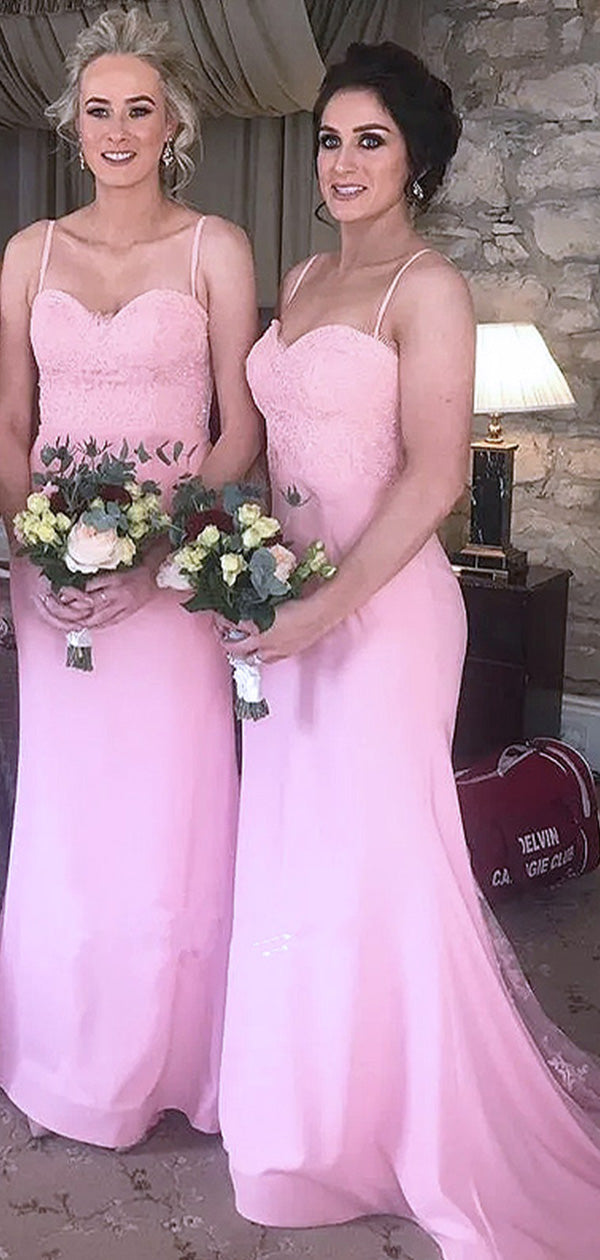 Elegant Pink Spaghetti Strap Lace Floor Length Cheap Bridesmaid Dresses,BD42
