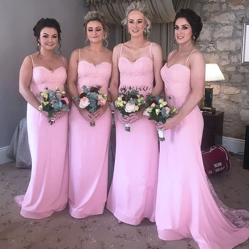 Elegant Pink Spaghetti Strap Lace Floor Length Cheap Bridesmaid Dresses,BD42