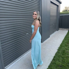 Elegant Blue Spaghetti Strap Mermaid Side Slit Sleeveless Evening Prom Dresses,MB132