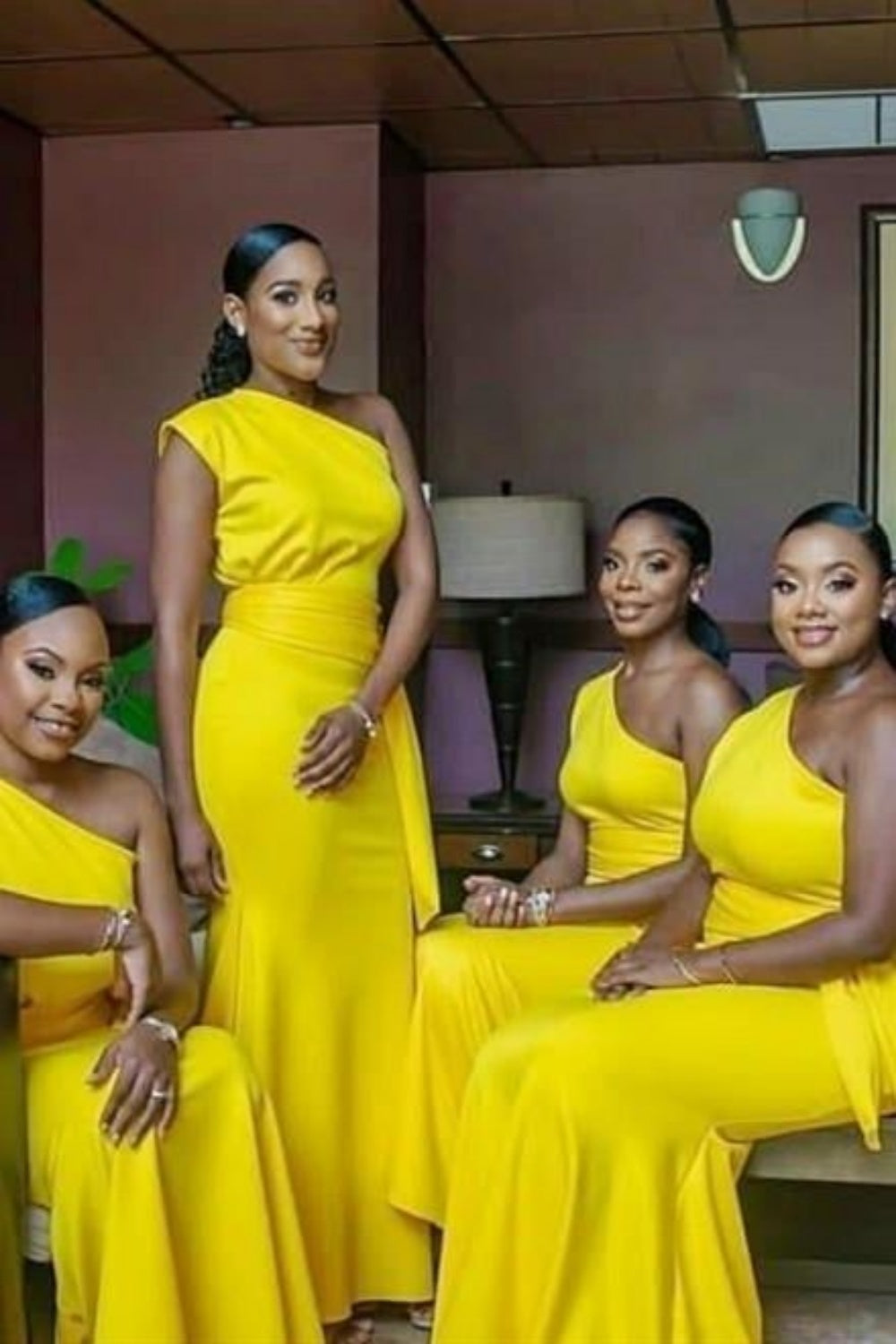Elegant One Shoulder Yellow Mermaid Long Bridesmaid Dresses ,BD261