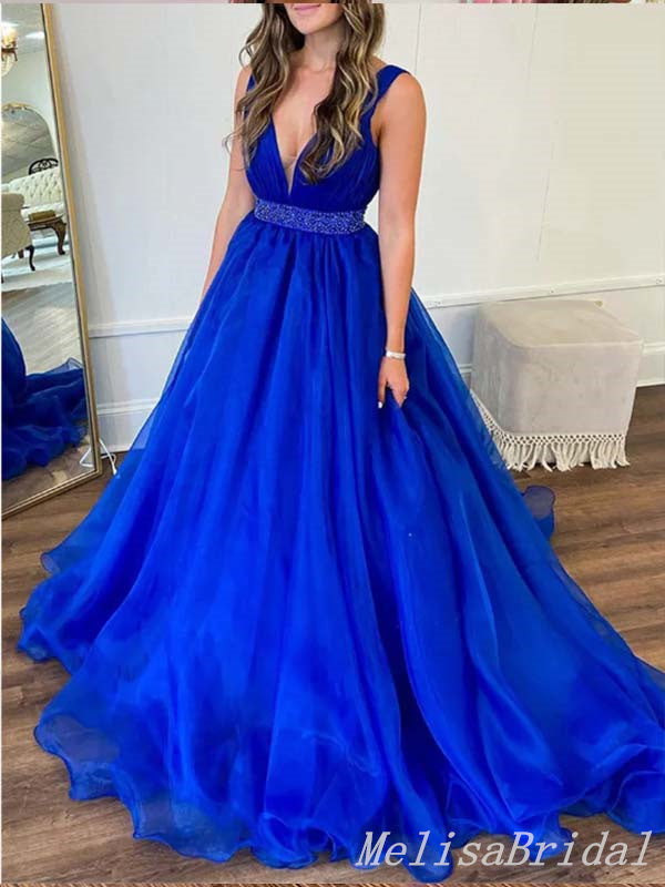 Charming Blue Plunging Beading A-line Evening Gown Long Prom Dresses,MB290