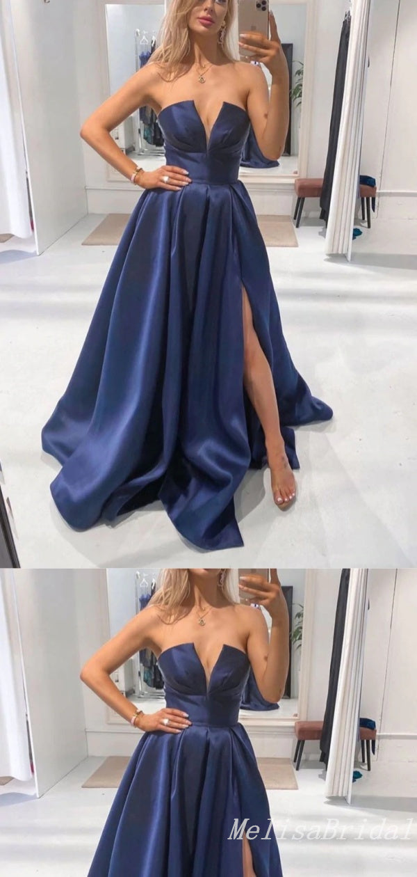 Charming Black Sexy Plunging High Slit Deep V-neck A-line Evening Gown Long Prom Dresses with Pleats,MB331