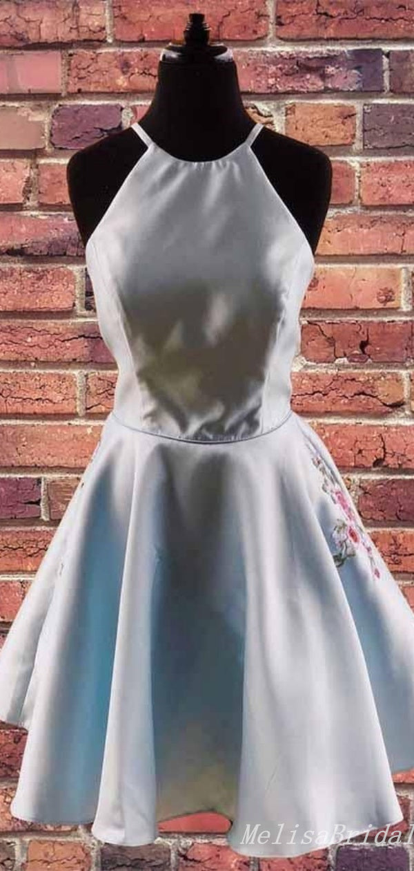 Elegant Blue A-Line Halter Flower Appliques Graduation Party Lace Up Back Homecoming Dresses With Ruffles, HD332