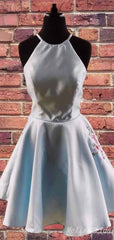 Elegant Blue A-Line Halter Flower Appliques Graduation Party Lace Up Back Homecoming Dresses With Ruffles, HD332