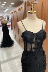 Black Lace 3D Flower Appliques Spaghetti Straps Mermaid Long Prom Dresses to Impress ,MB917