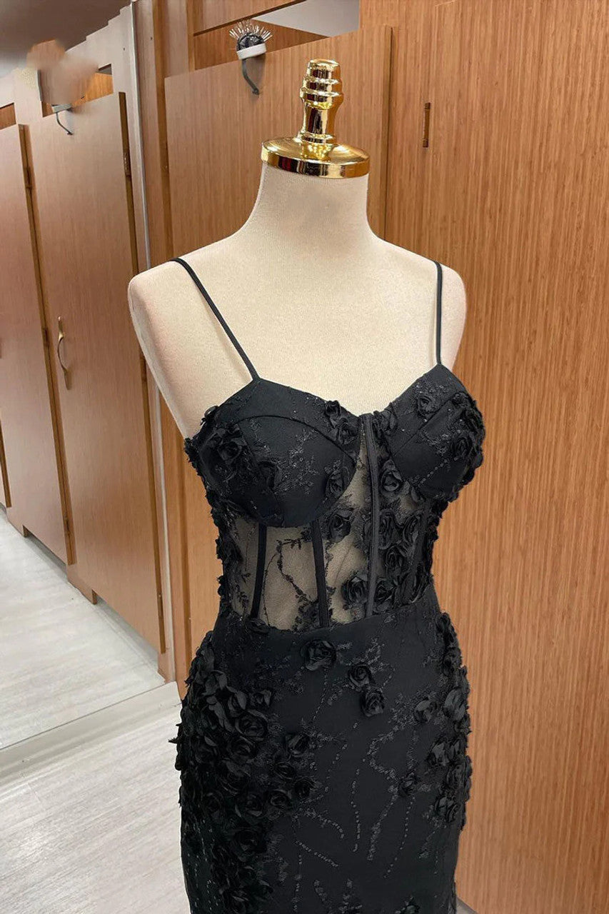 Black Lace 3D Flower Appliques Spaghetti Straps Mermaid Long Prom Dresses to Impress ,MB917