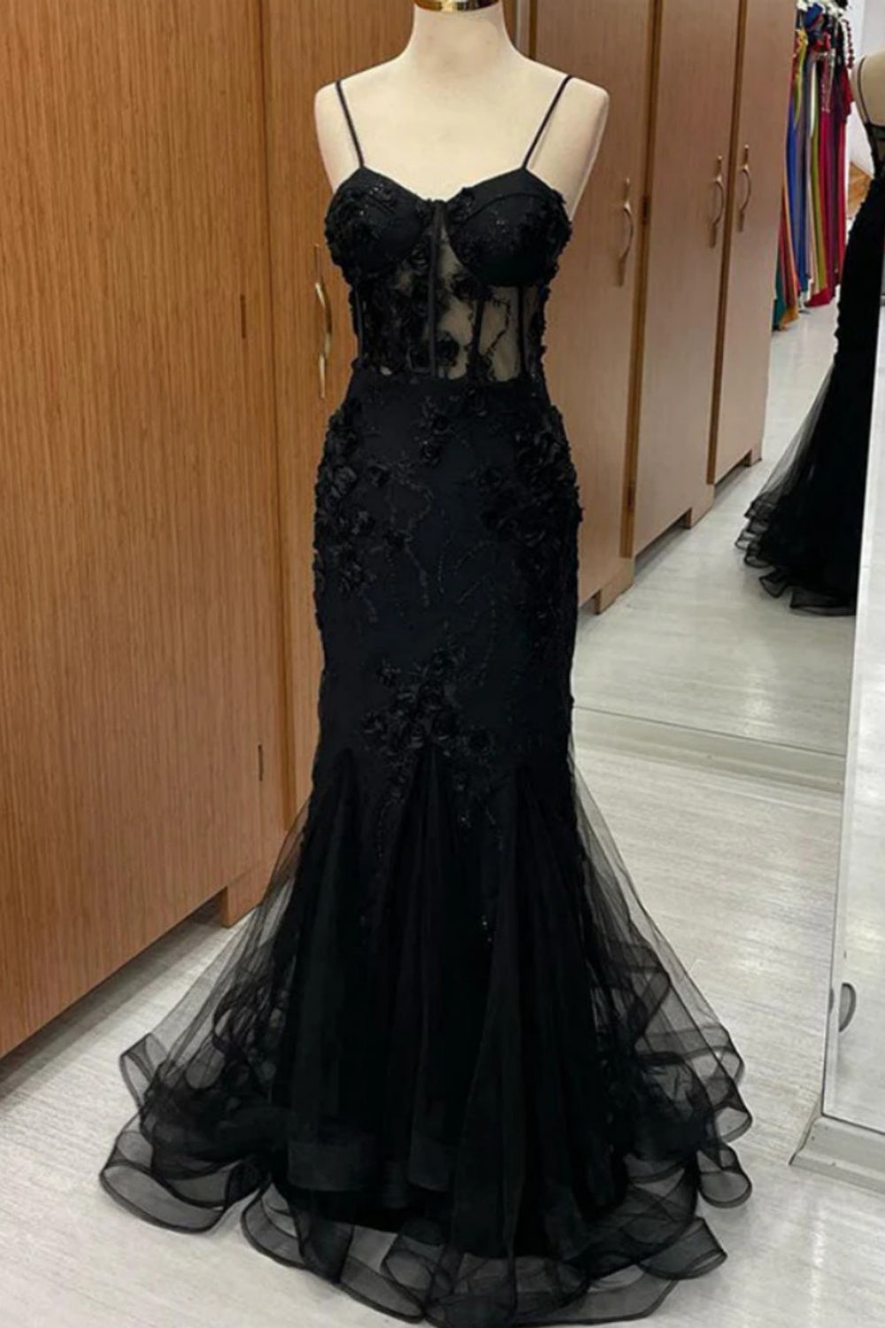Black Lace 3D Flower Appliques Spaghetti Straps Mermaid Long Prom Dresses to Impress ,MB917